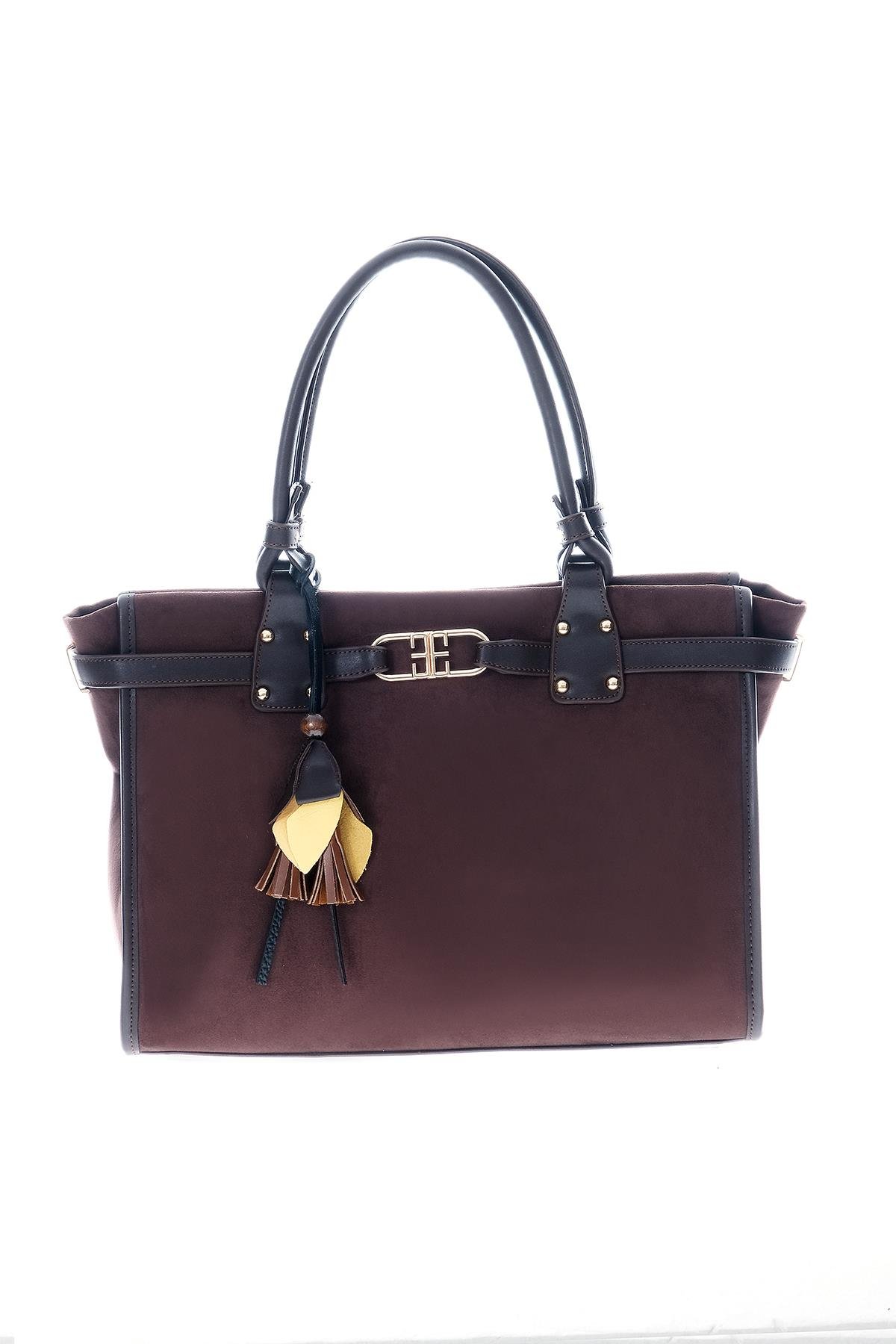 Süet Çiçek Aksesuarlı Büyük El Omuz Çanta