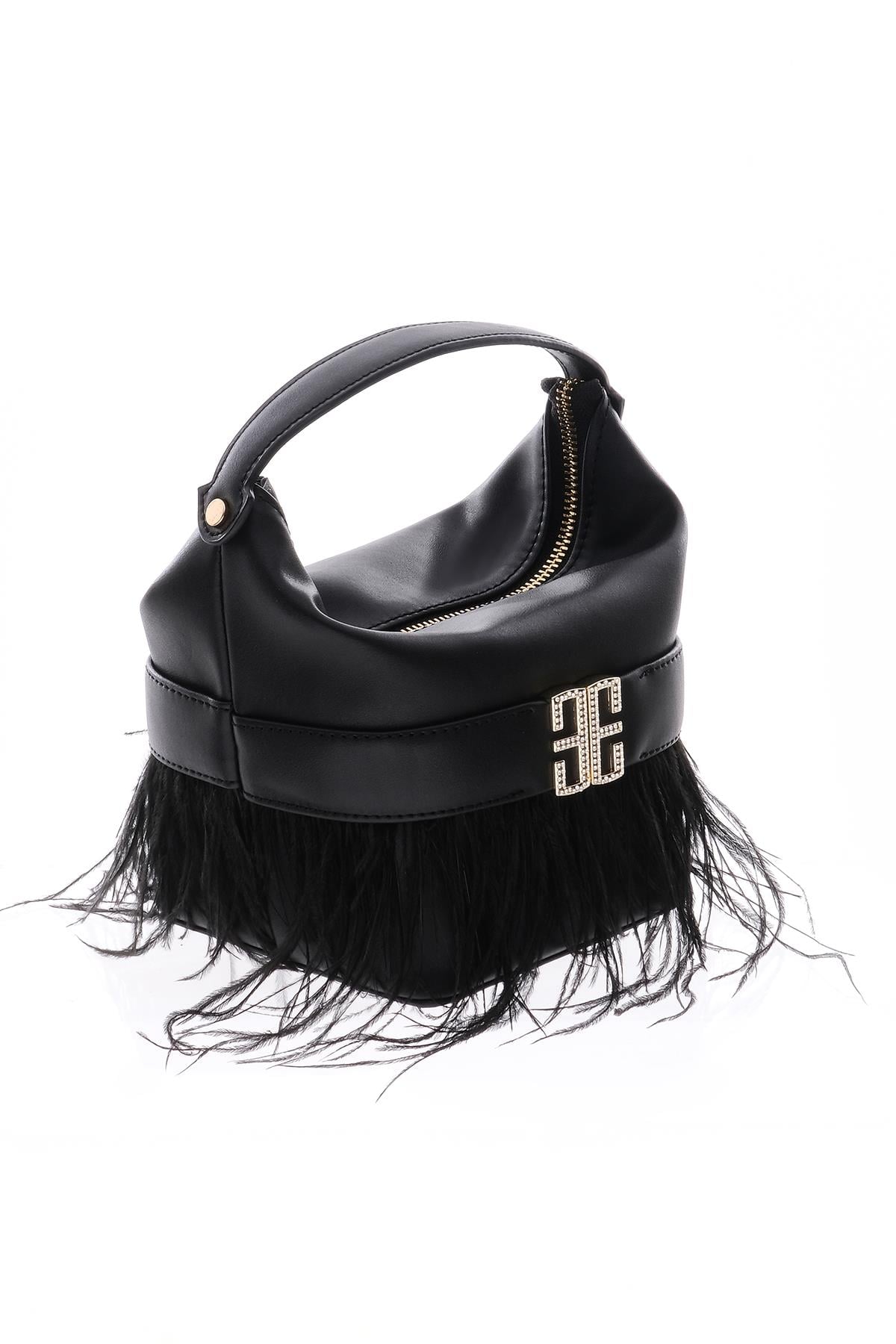 Tüy Detaylı, Parlak Taş Aksesuarlı, Gece, Abiye, Tasarım Çanta
