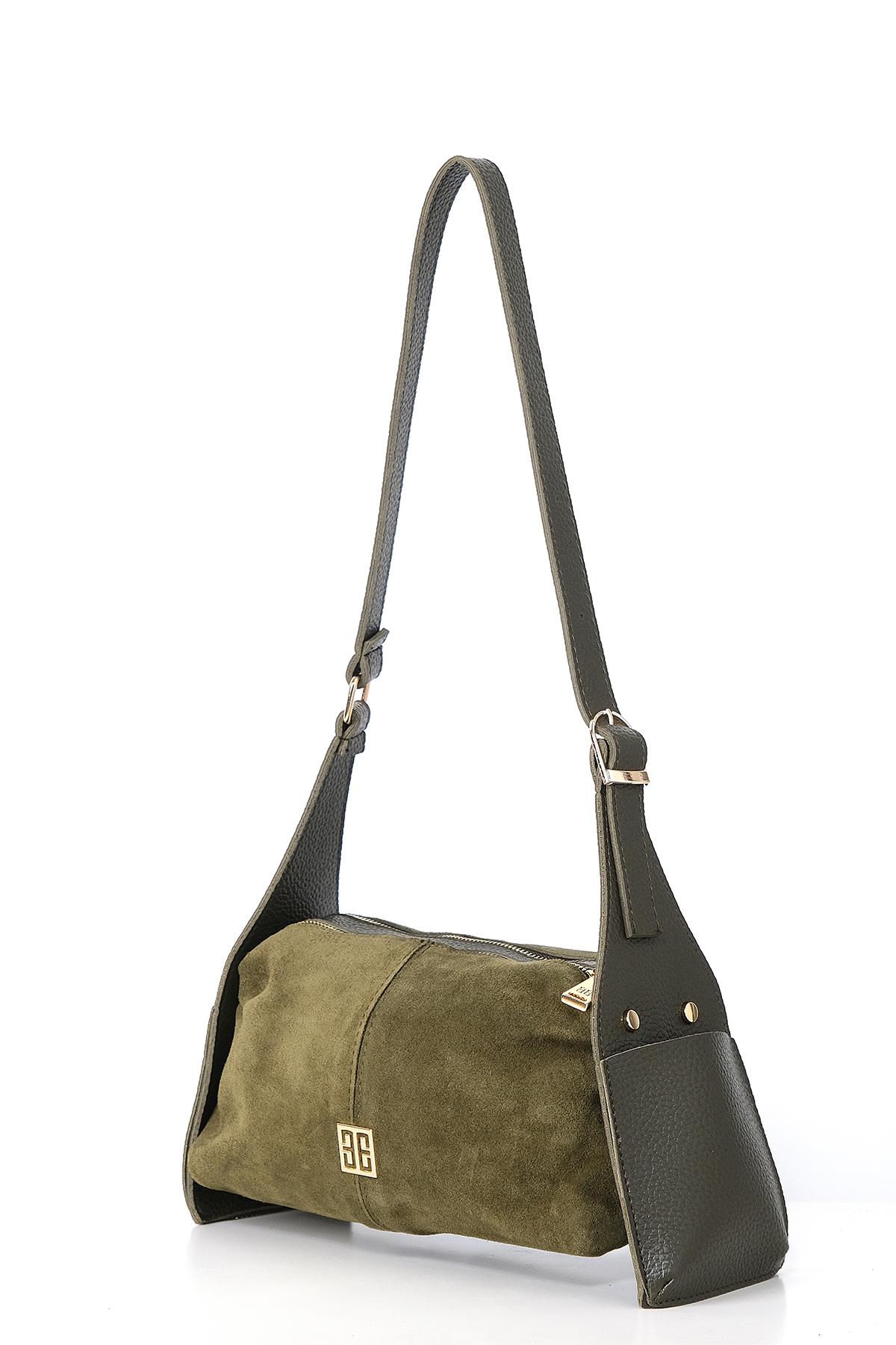 Vegan Deri Aksesuarlı Süet Çift Fermuarlı Günlük Çanta