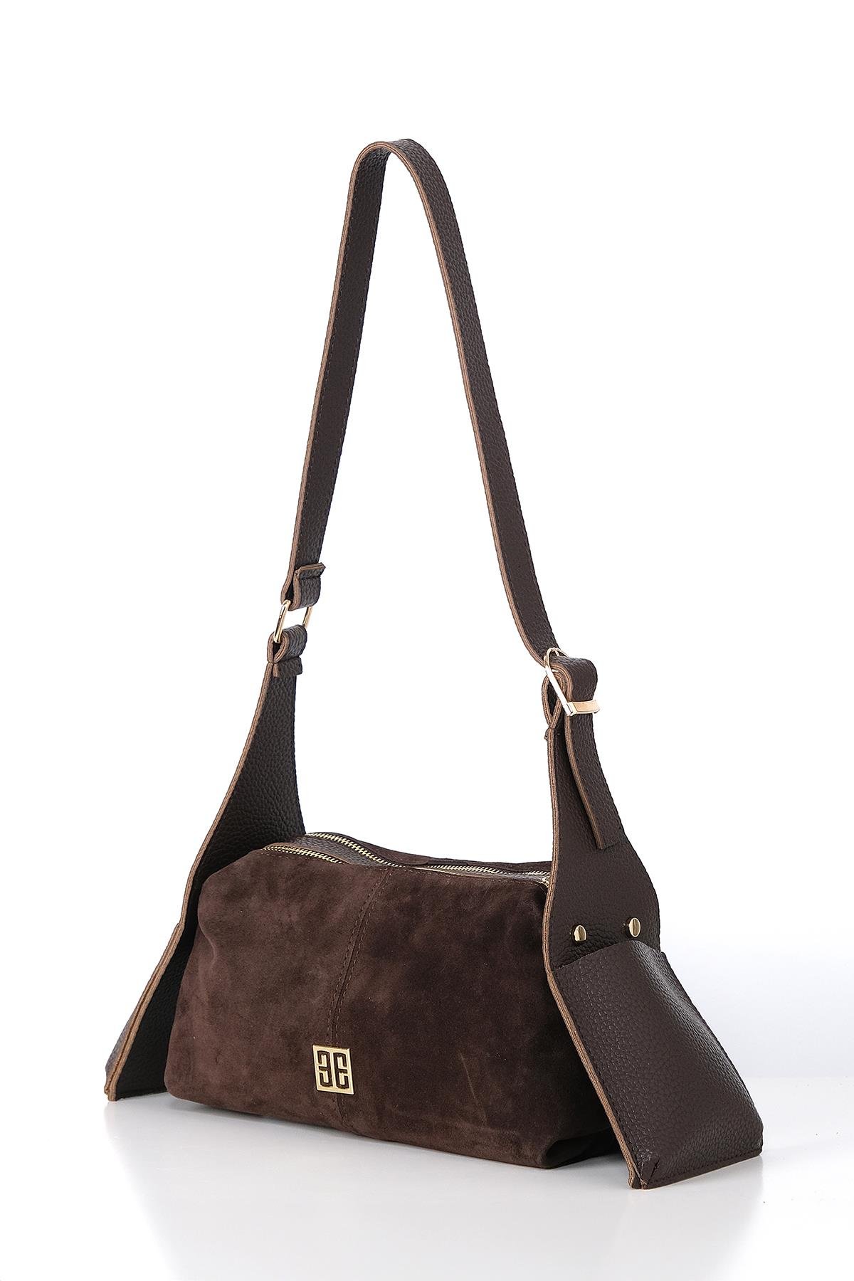 Vegan Deri Aksesuarlı Süet Çift Fermuarlı Günlük Çanta