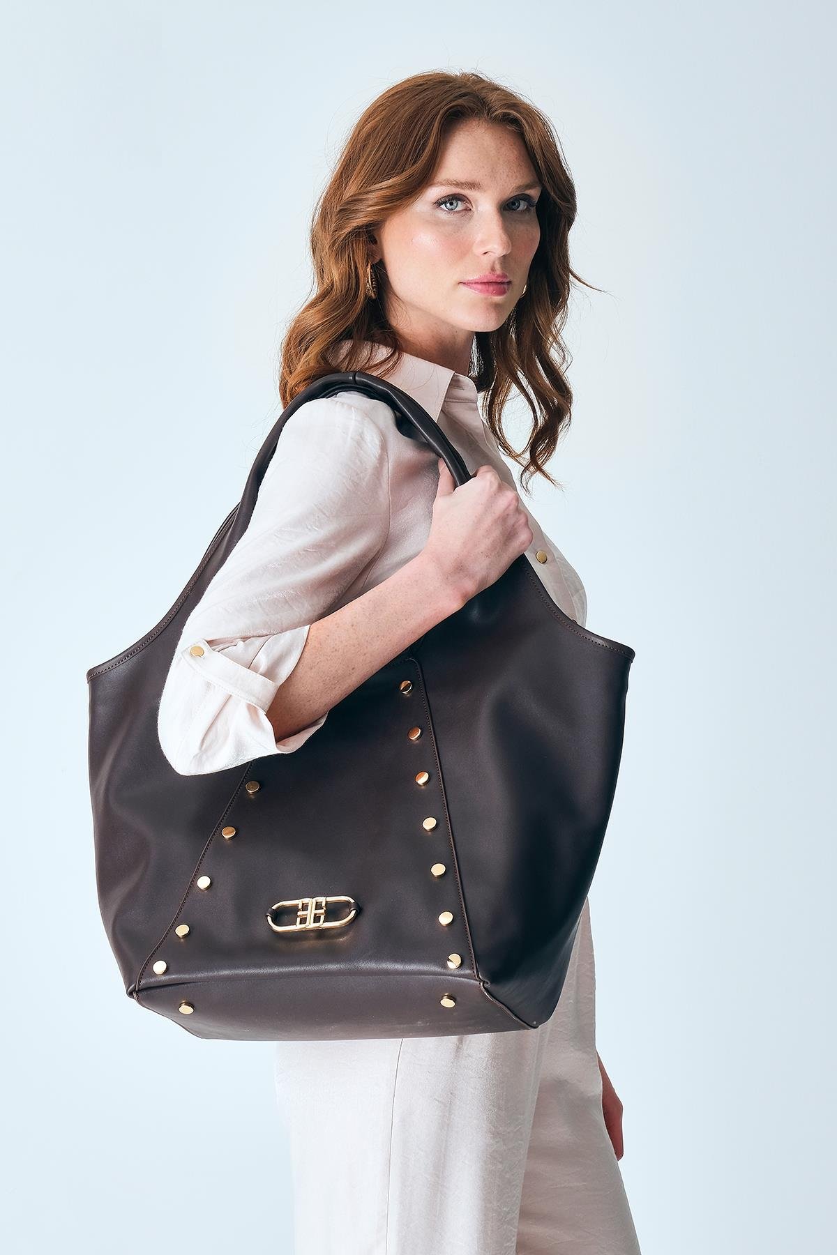 Vegan Deri, Süet Astarlı, Tasarımlı, Büyük, El Omuz Çanta