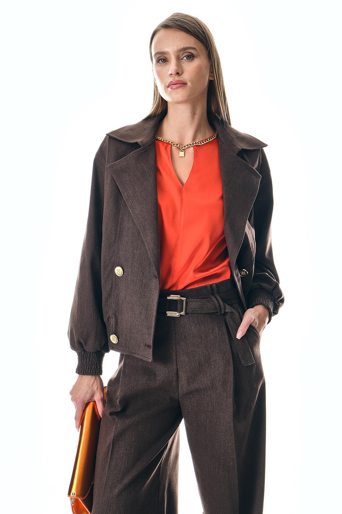 Yakalı Kruvaze Gold Düğmeli Oversize Ceket