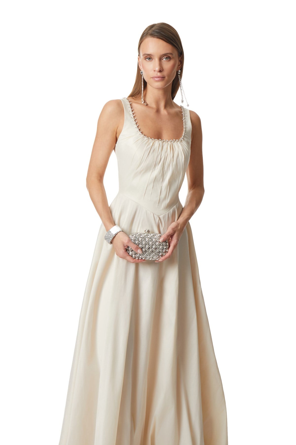 Yakası Taş İşlemeli Kloş Etekli Maxi Elbise