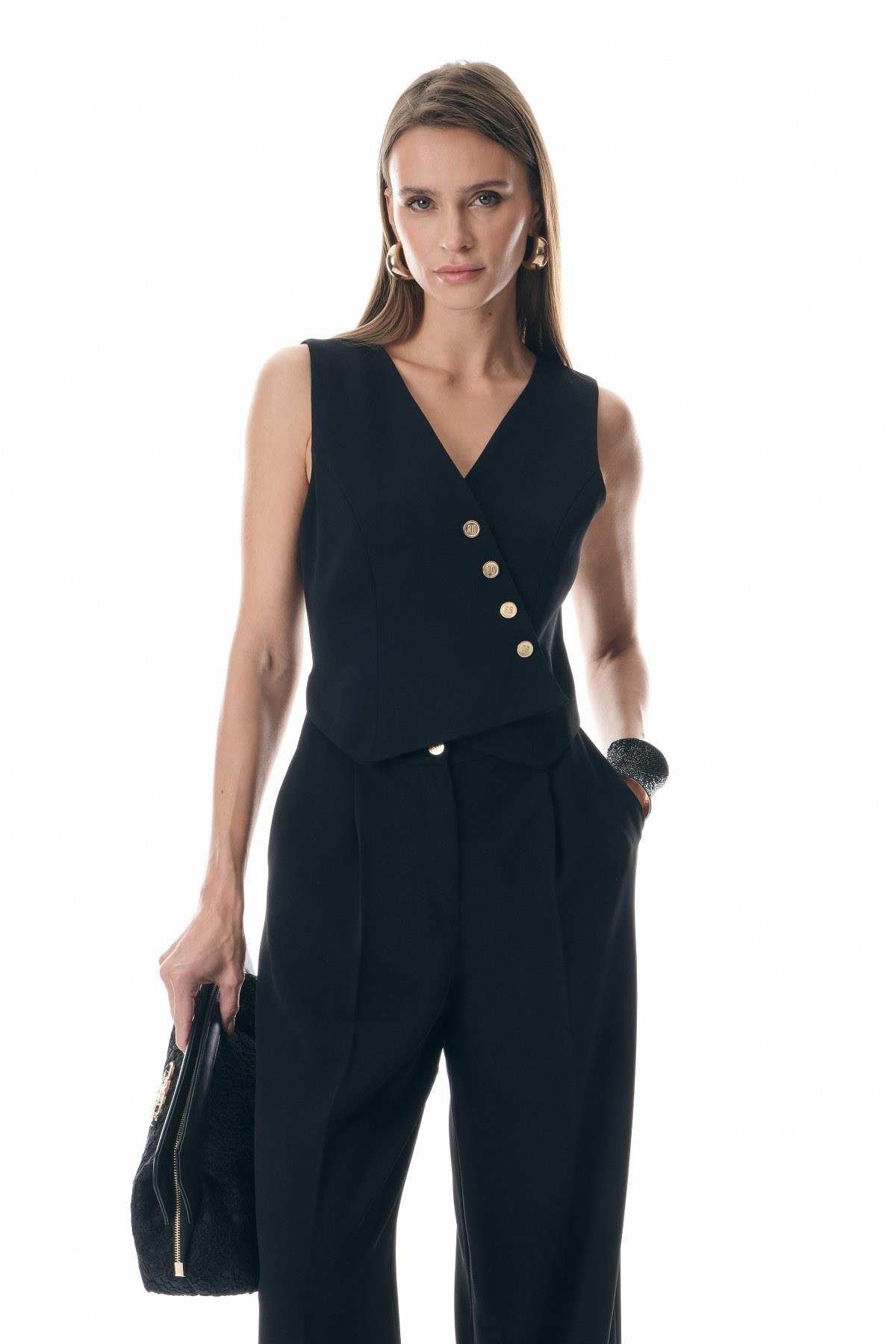 Yelek Görünümlü Gold Düğmeli Tulum