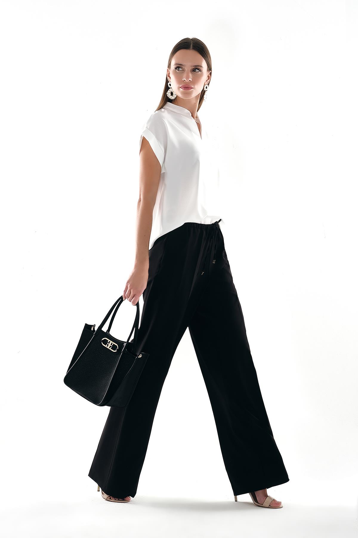  V Yakalı Kol Ağzı Katlama Detaylı Haki Yaka Bluz