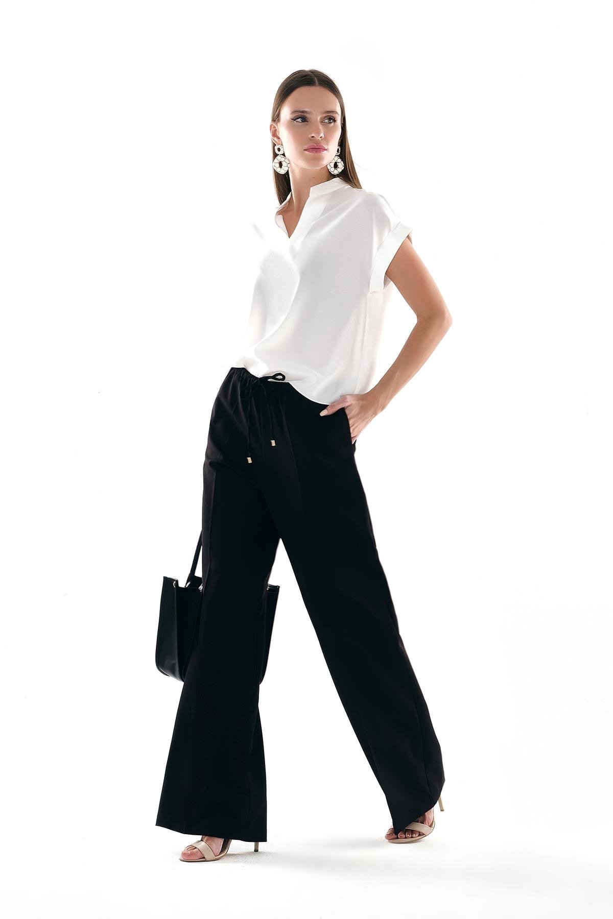  V Yakalı Kol Ağzı Katlama Detaylı Haki Yaka Bluz