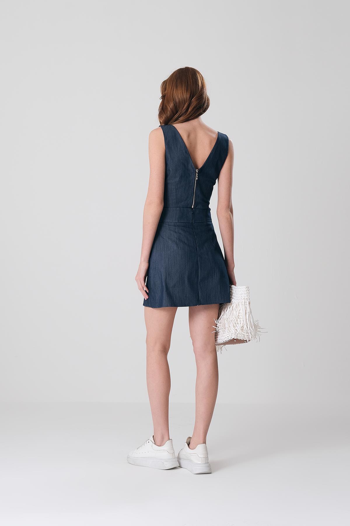 Askılı Denim Efektli Crop Bluz