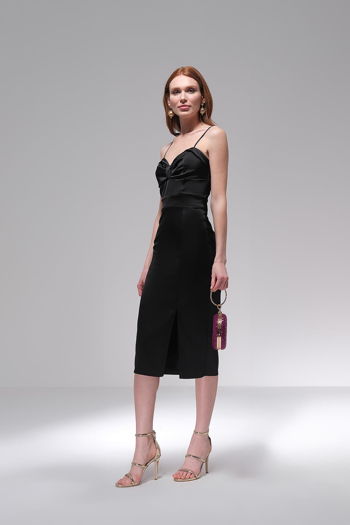 Askılı Saten Midi Boy Elbise