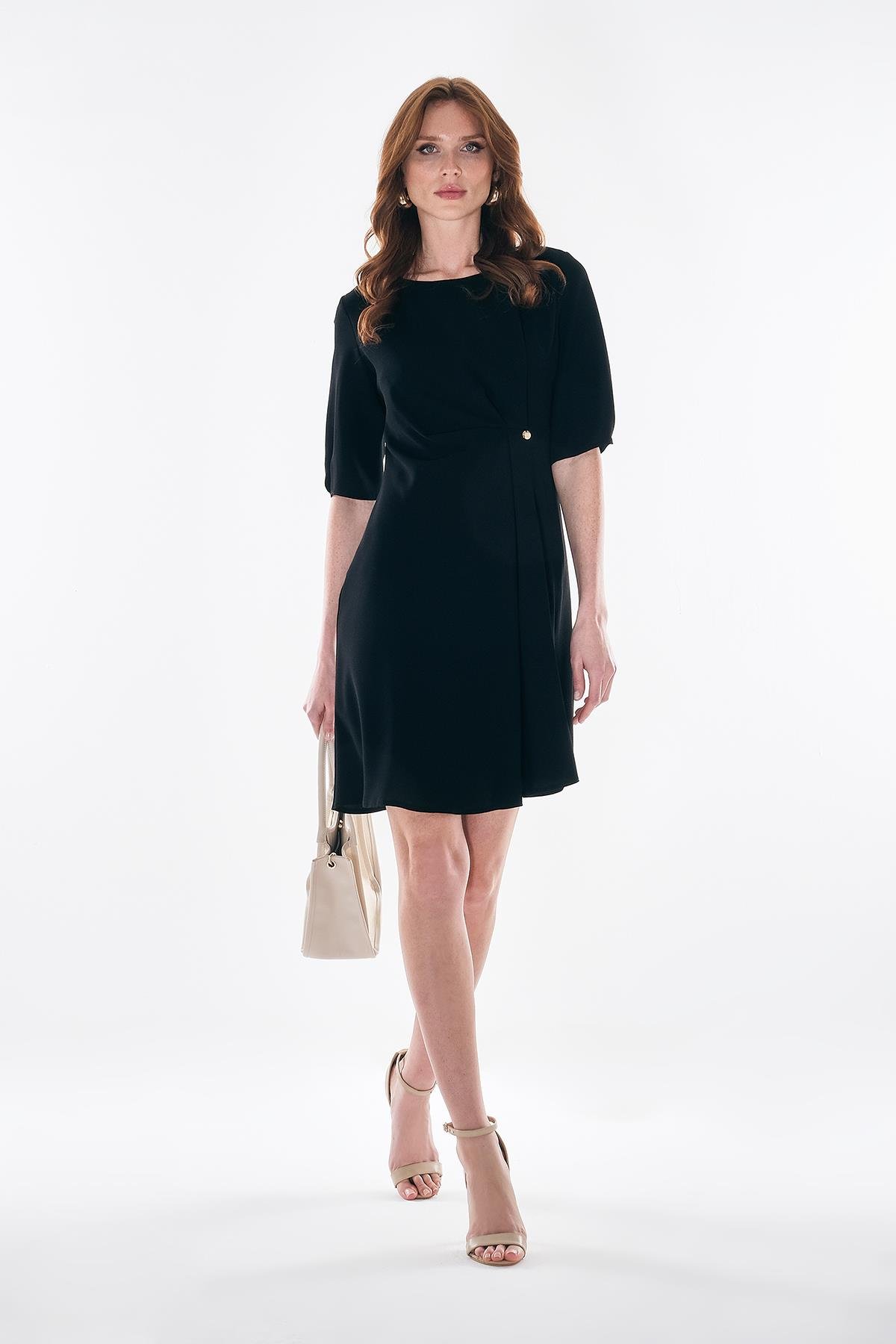 Beli Düğüm Detaylı Truvakar Kollu Mini Elbise