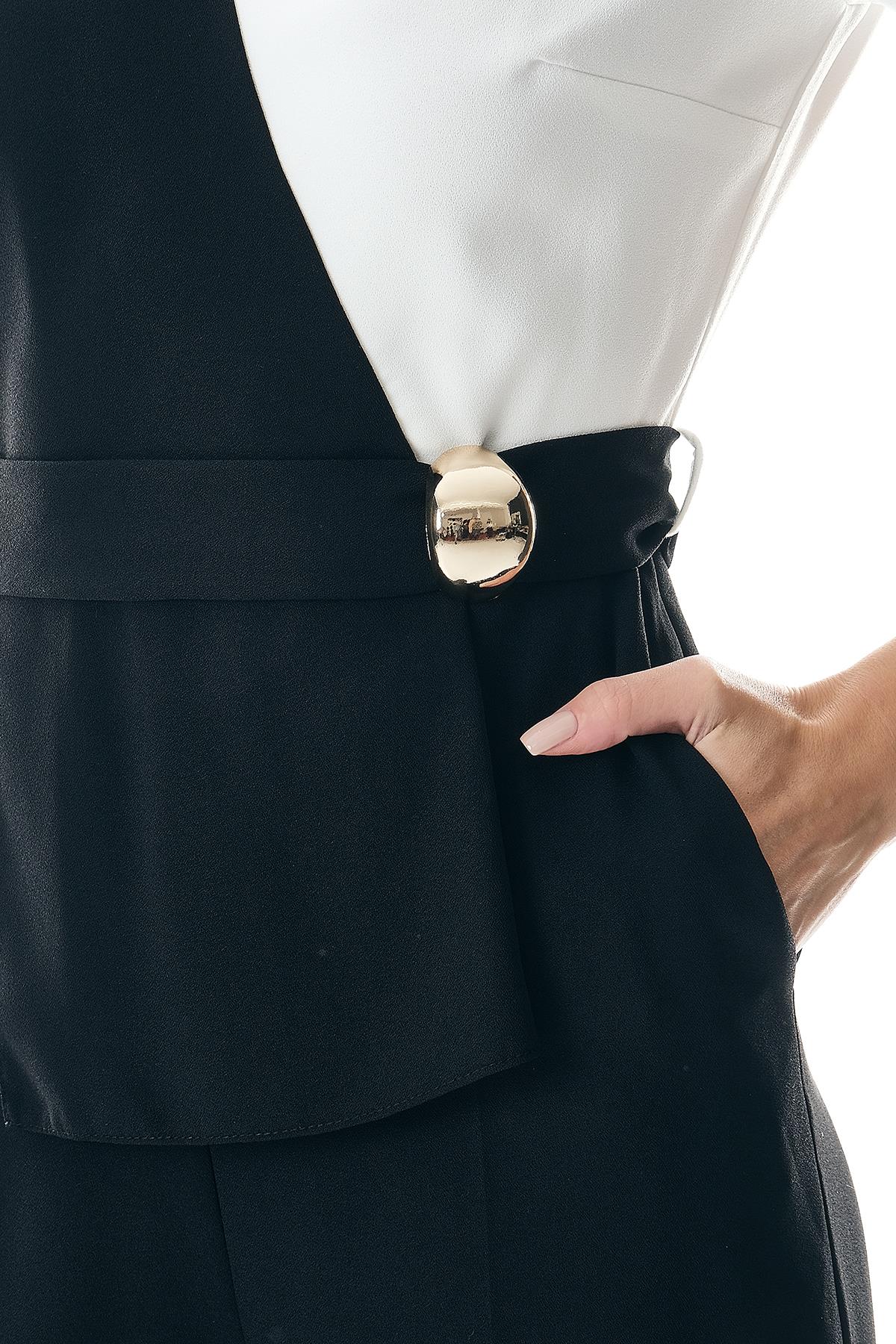 Beli Kemerli Kontrast Renk Detaylı Şık Tulum