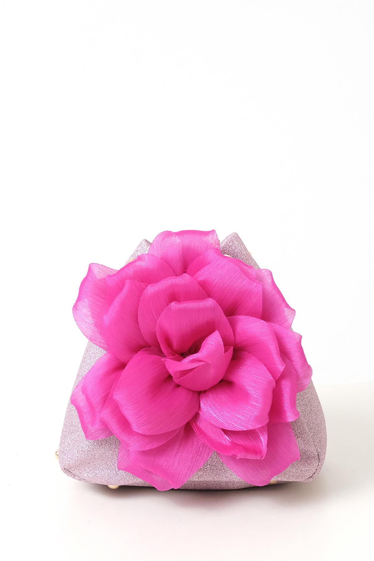 Çiçekli Simli Mini Bucket Çanta