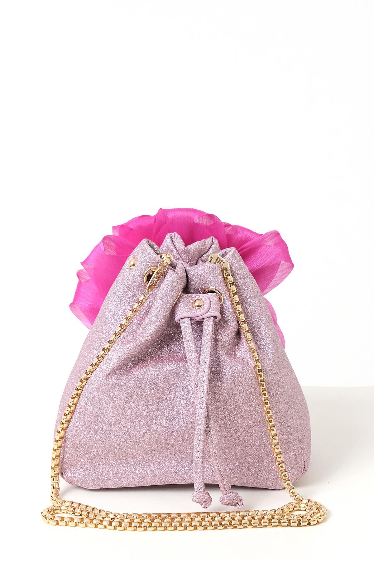 Çiçekli Simli Mini Bucket Çanta