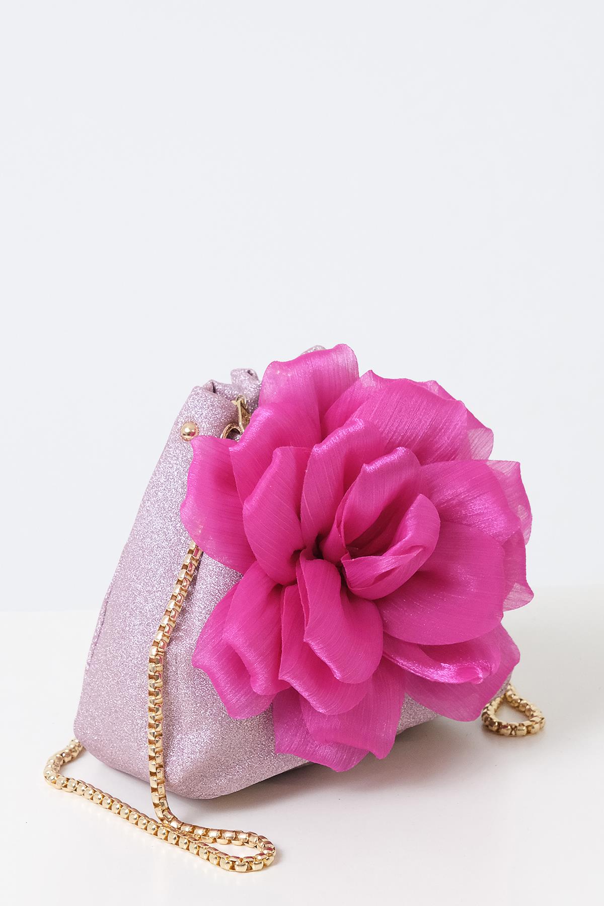 Çiçekli Simli Mini Bucket Çanta