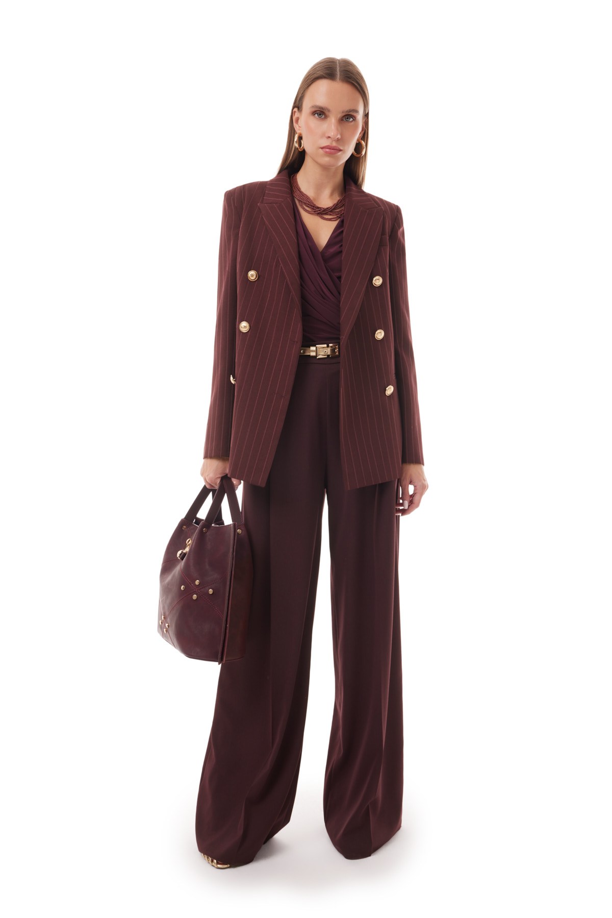 Çift Düğmeli Çizgili Blazer Ceket