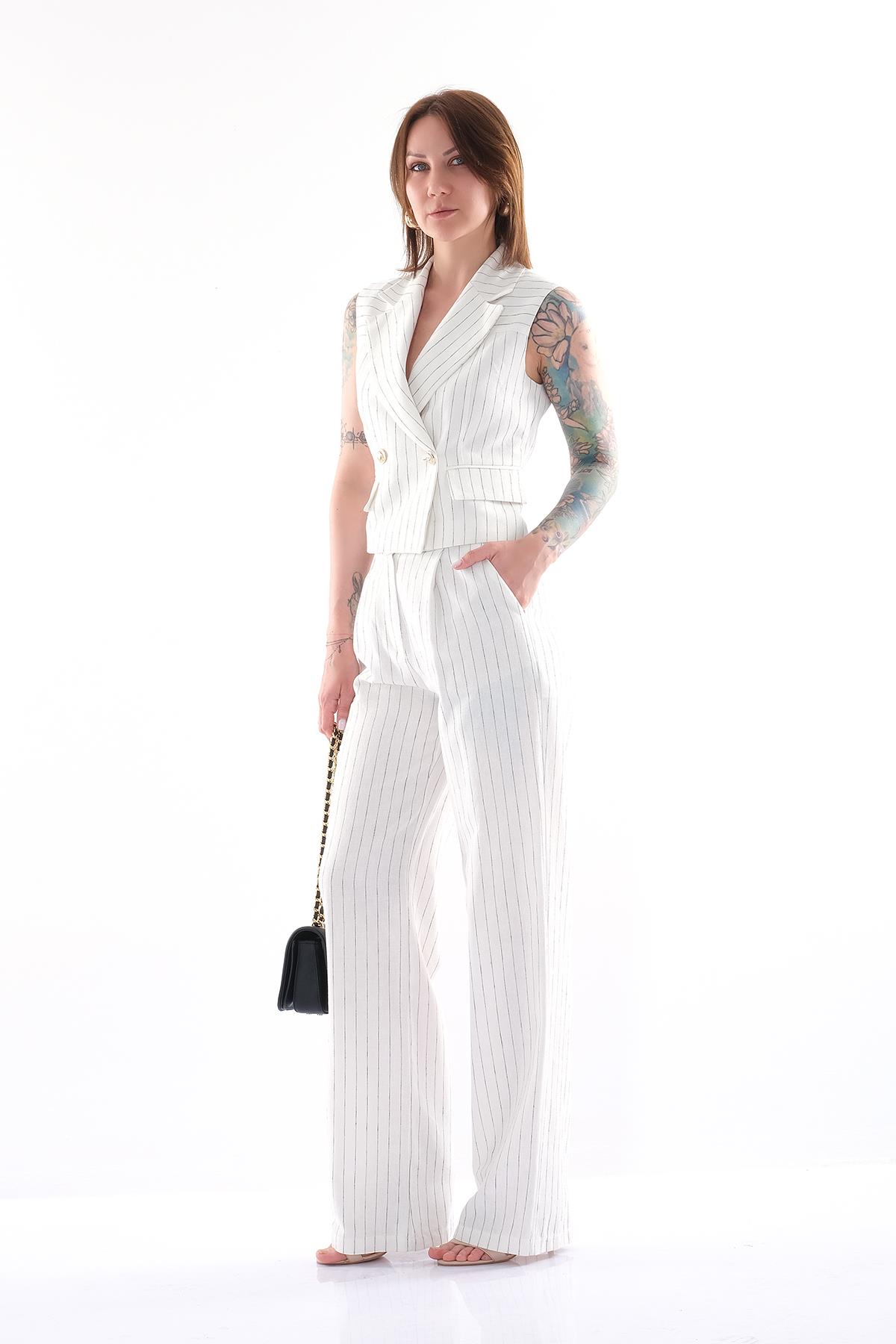 Çizgili Bol Paça Pantolon Yelek Takım