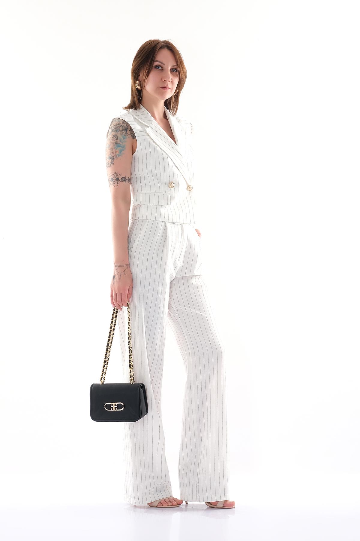 Çizgili Bol Paça Pantolon Yelek Takım