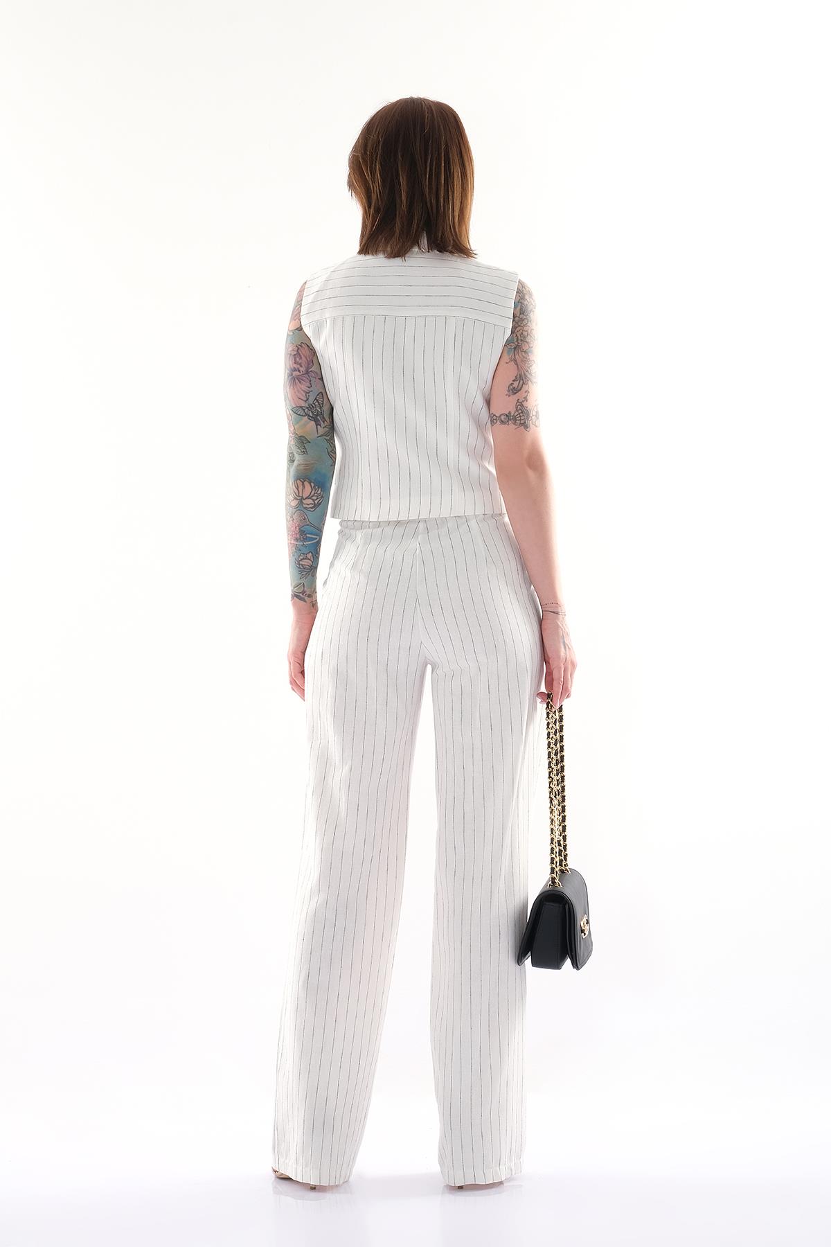 Çizgili Bol Paça Pantolon Yelek Takım