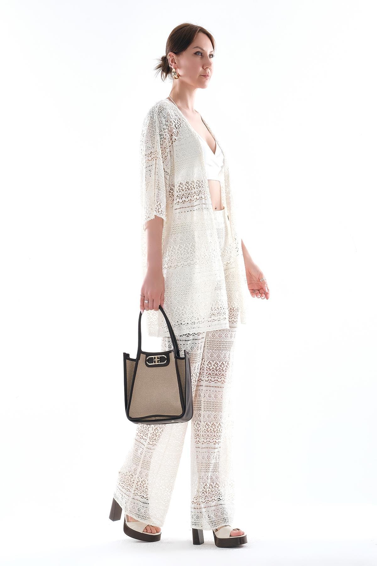 Dantel Desenli Bluz Pantolon Takım