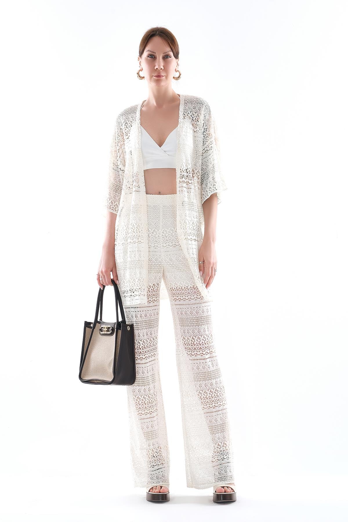 Dantel Desenli Bluz Pantolon Takım