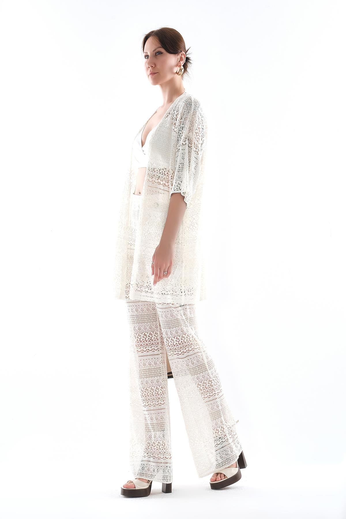 Dantel Desenli Bluz Pantolon Takım