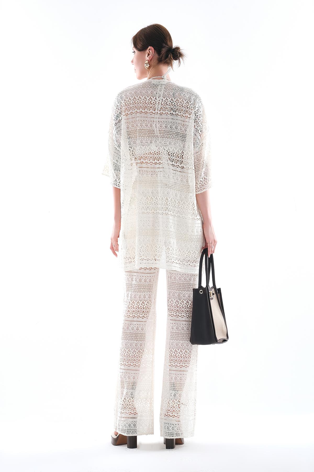 Dantel Desenli Bluz Pantolon Takım