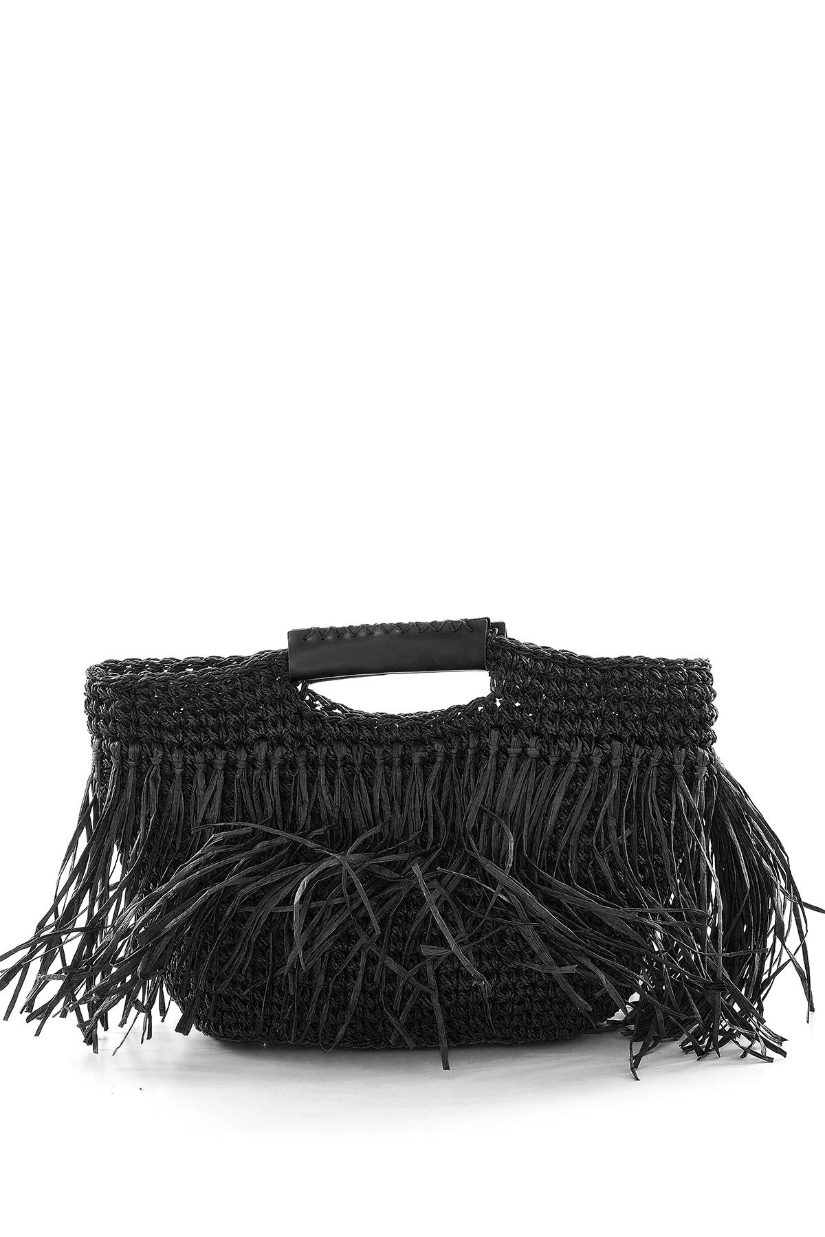 Deri Aksesuarlı El Örgü Çanta.