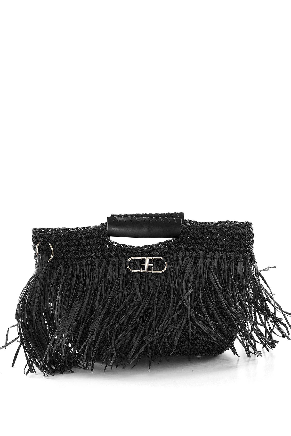 Deri Aksesuarlı El Örgü Çanta.