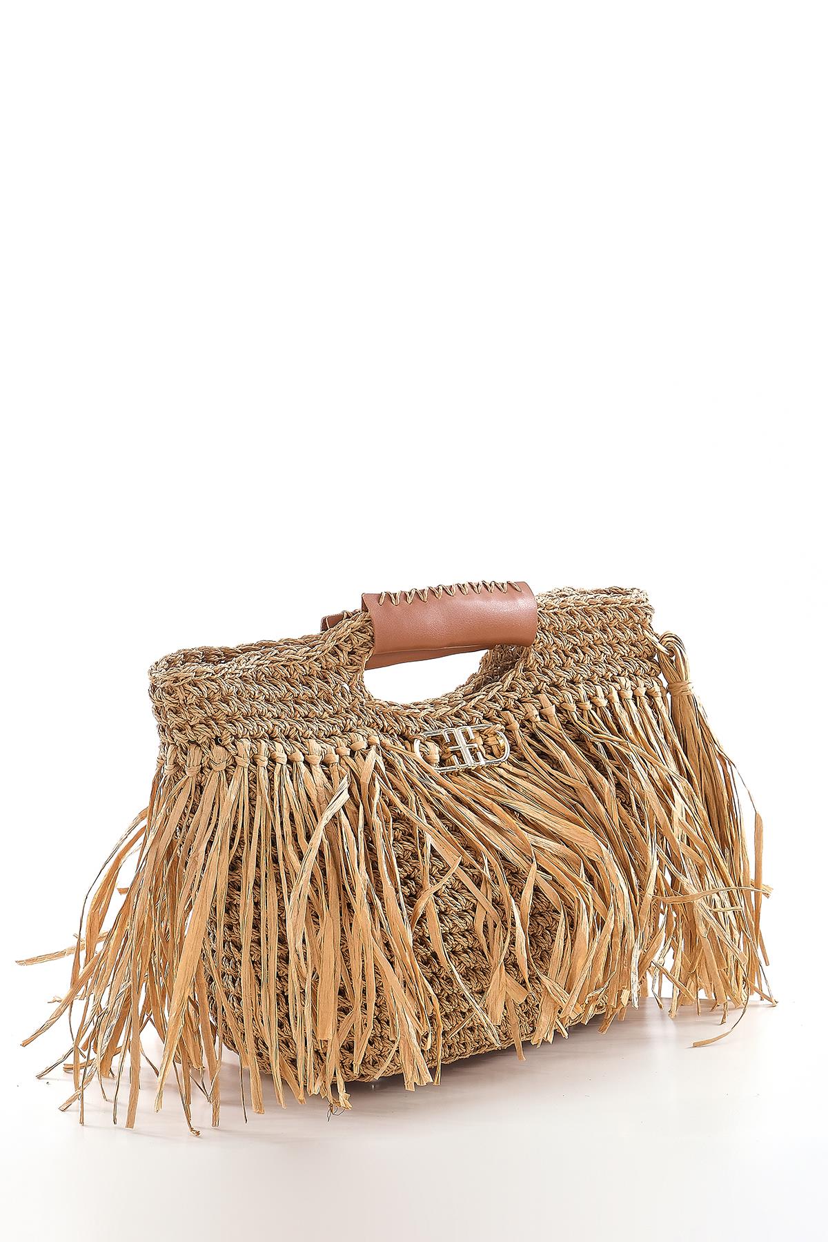 Deri Aksesuarlı El Örgü Çanta.