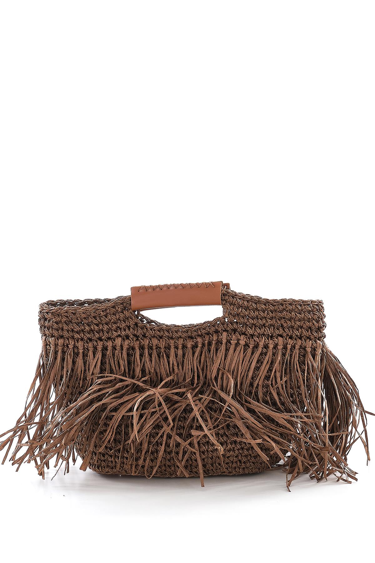 Deri Aksesuarlı El Örgü Çanta.