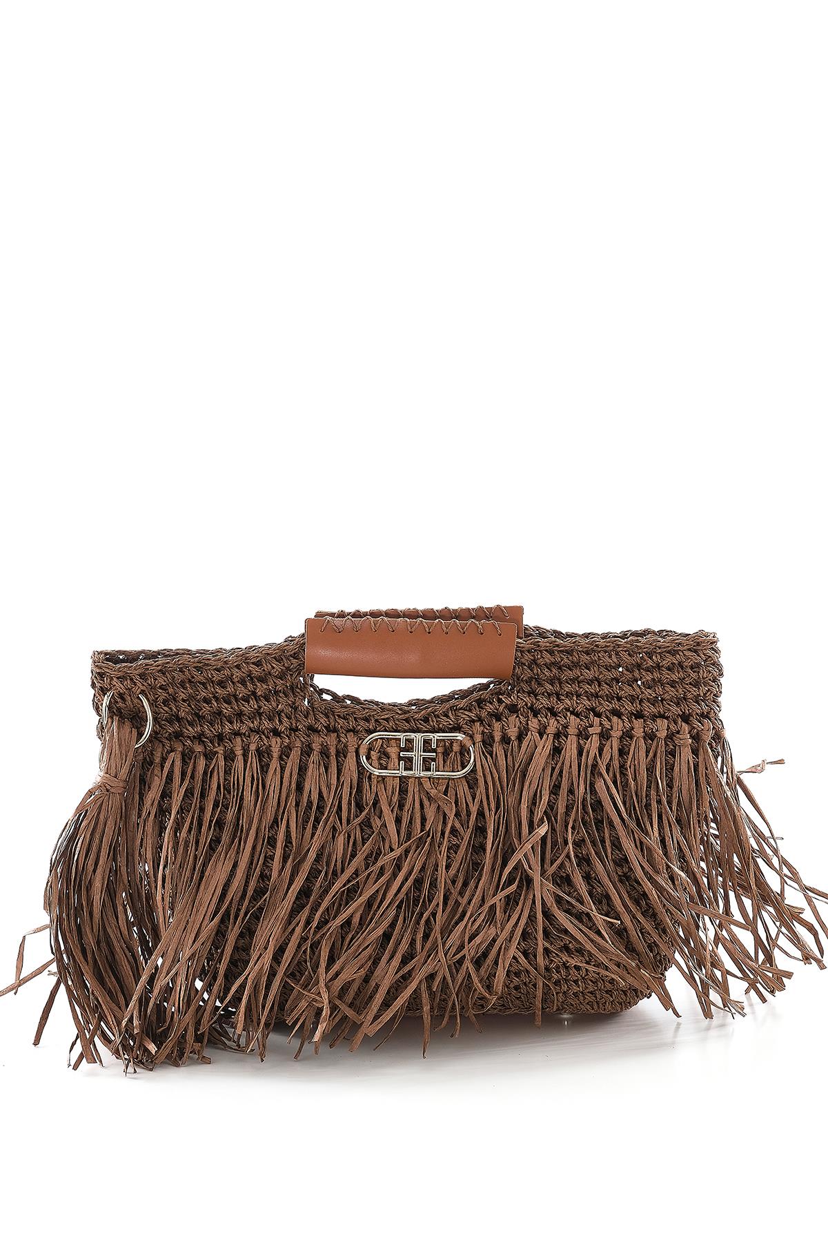 Deri Aksesuarlı El Örgü Çanta.