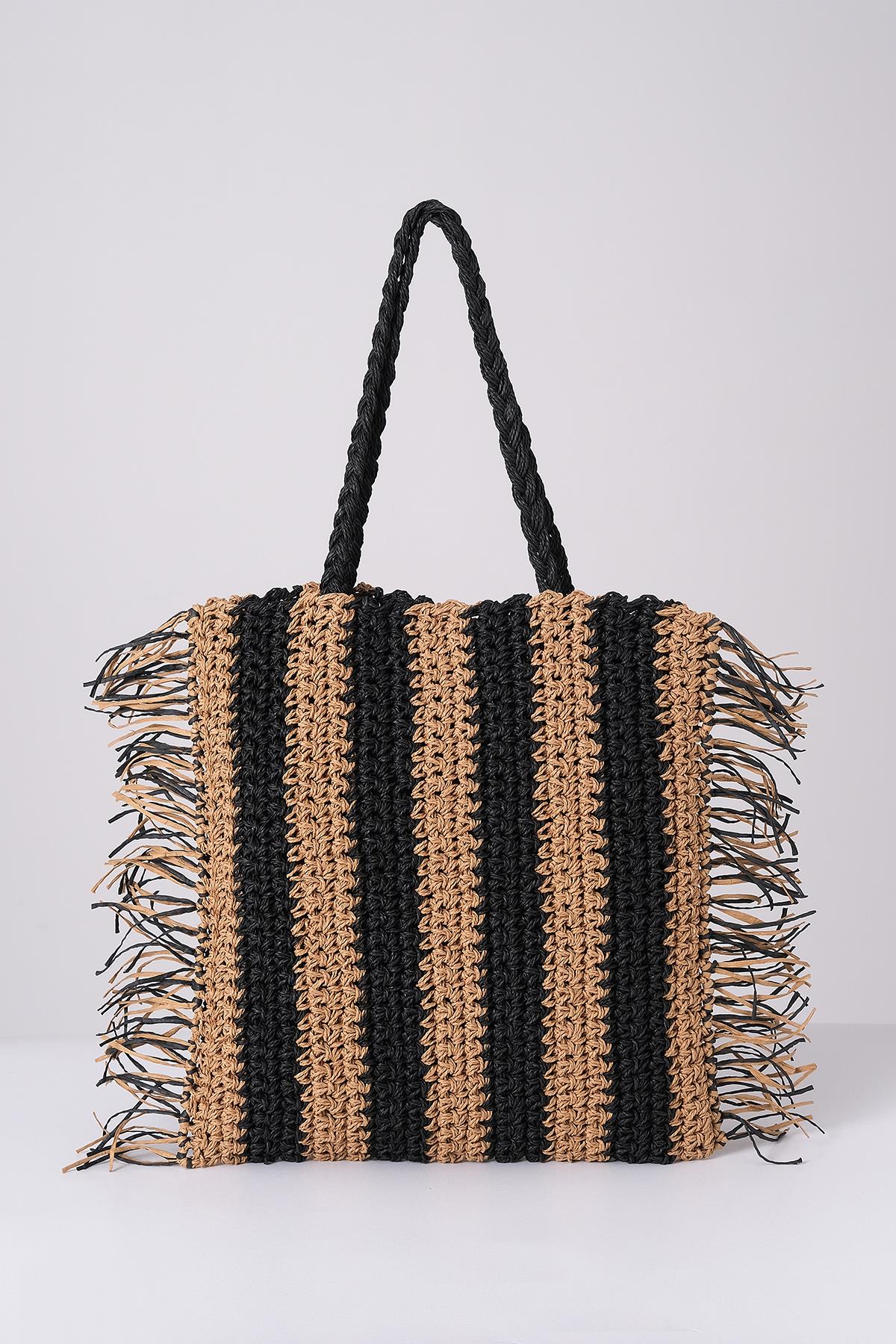 Deri Aksesuarlı El Örgü Plaj Günlük Çanta