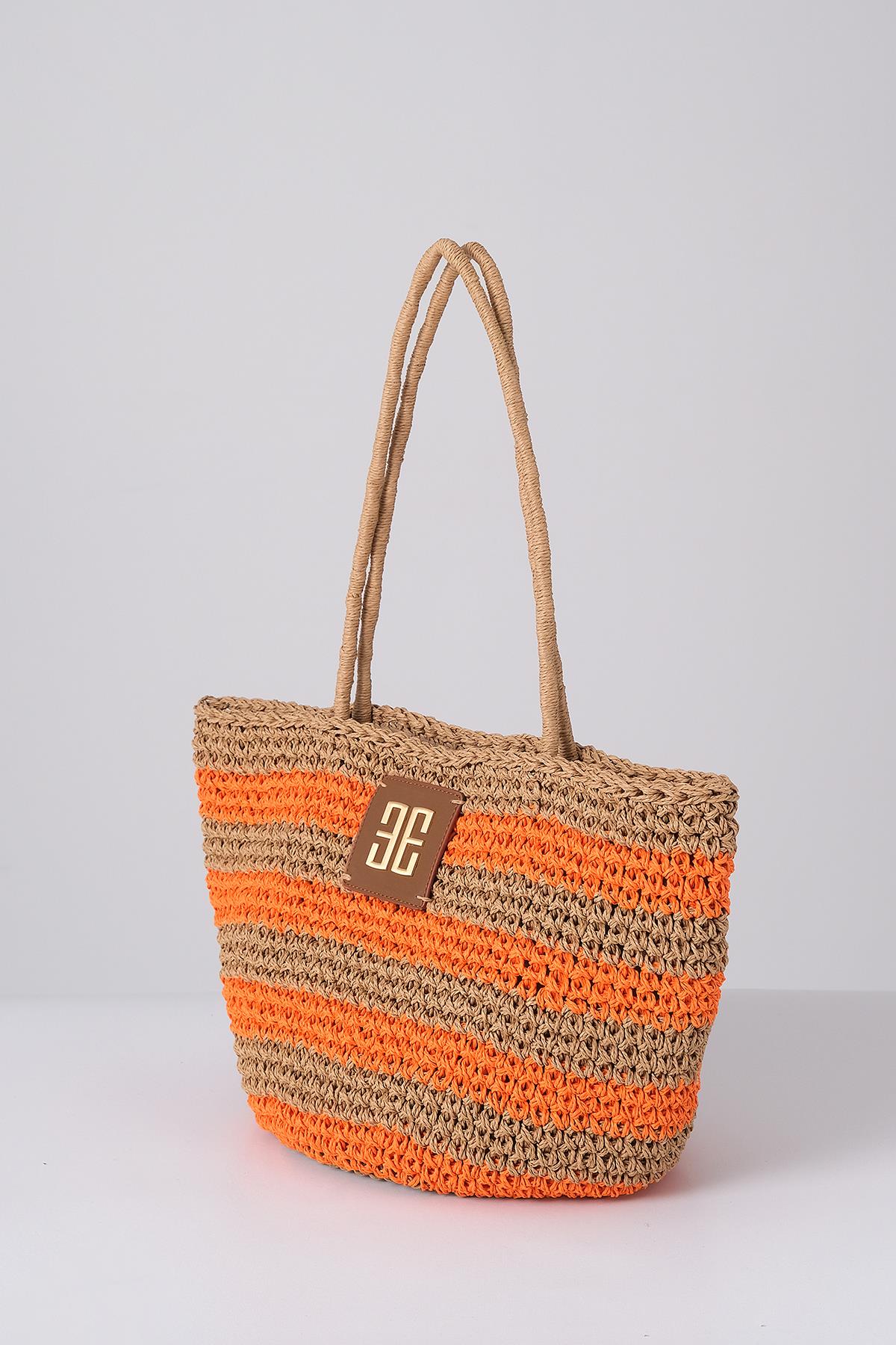 Deri Aksesuarlı El Örgü Plaj Günlük Çanta