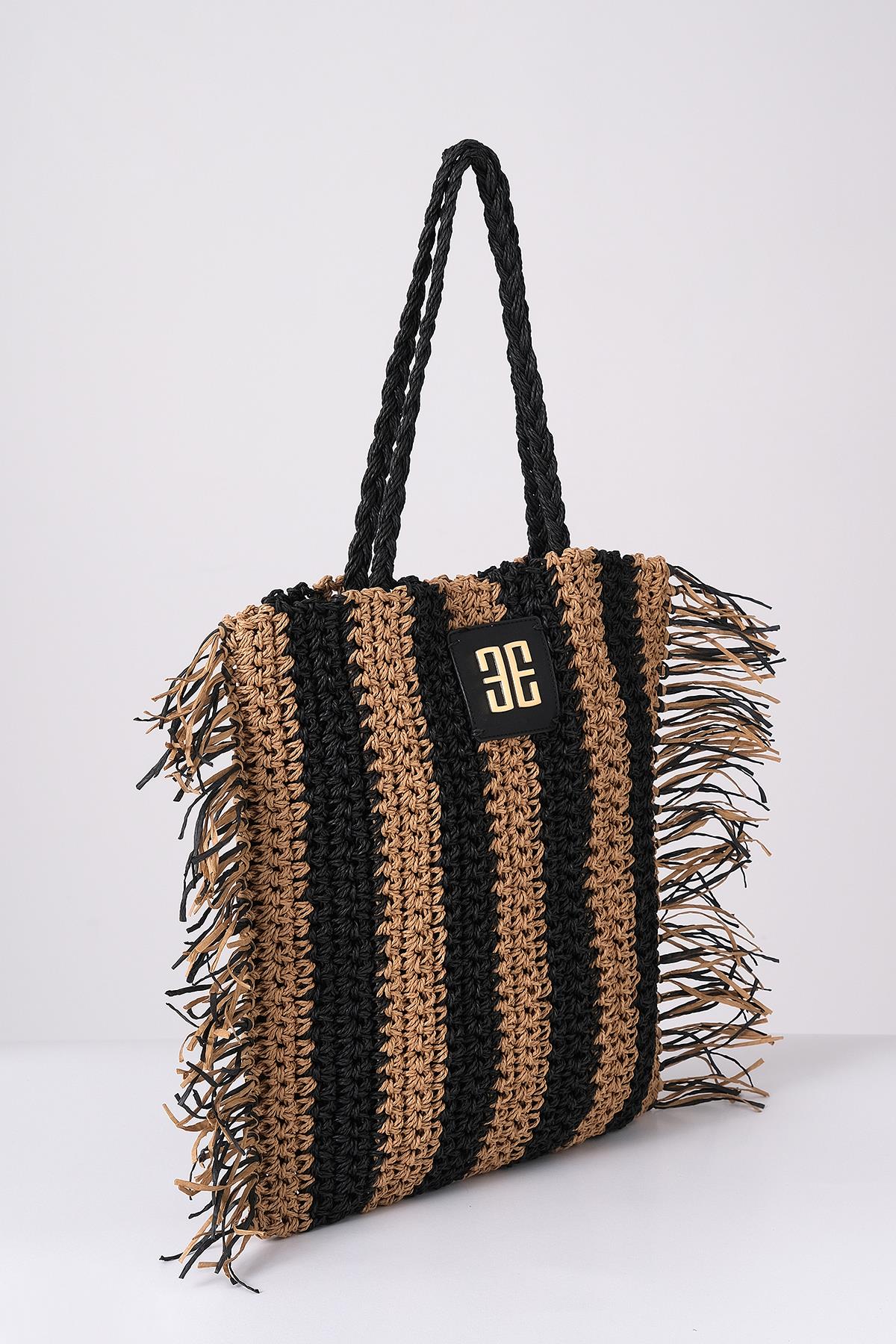 Deri Aksesuarlı El Örgü Plaj Günlük Çanta