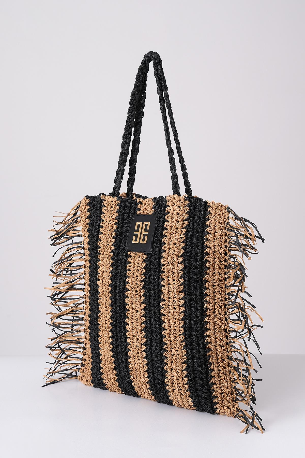 Deri Aksesuarlı El Örgü Plaj Günlük Çanta