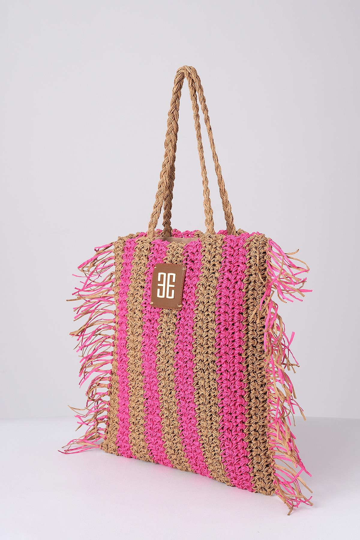 Deri Aksesuarlı El Örgü Plaj Günlük Çanta