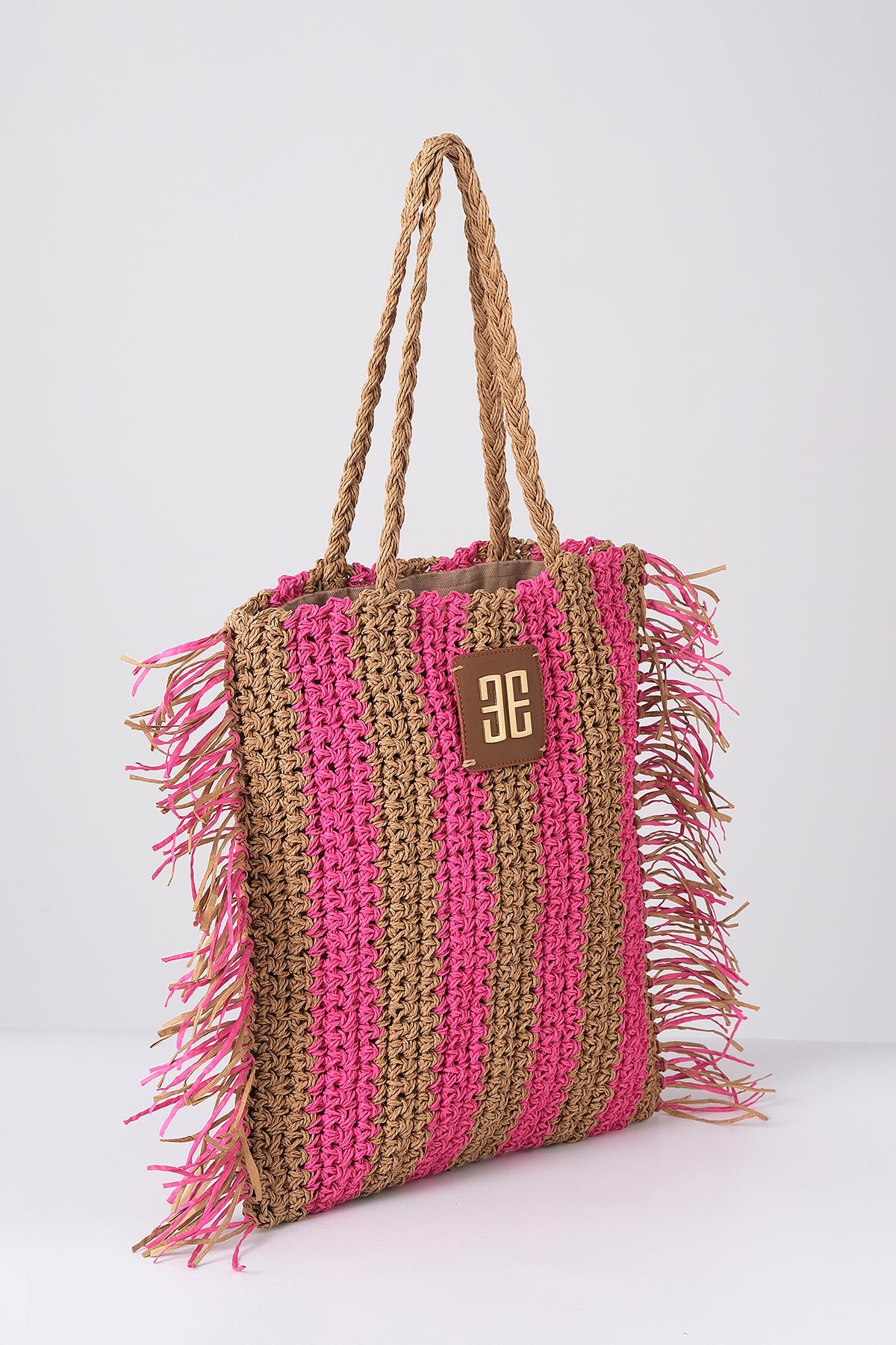 Deri Aksesuarlı El Örgü Plaj Günlük Çanta