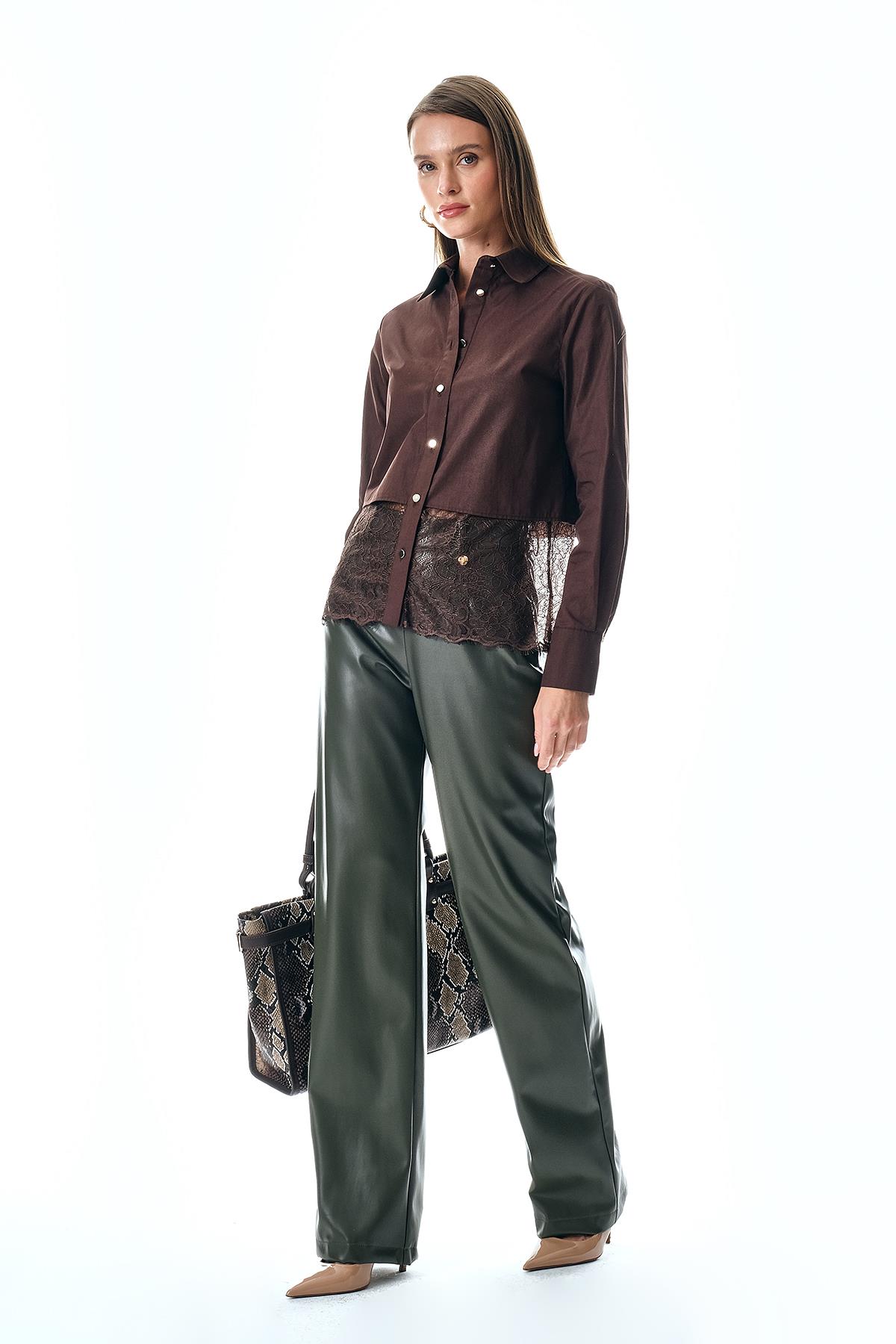 Deri Bol Paça Yüksek Bel Pantolon