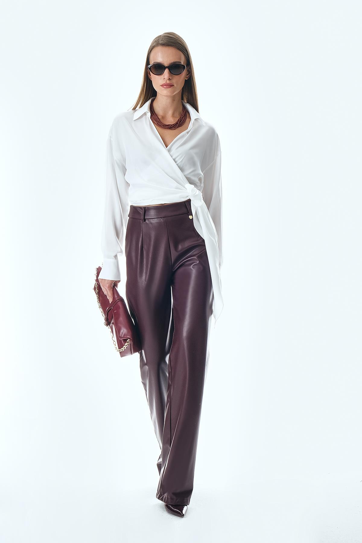 Deri Bol Paça Yüksek Bel Pantolon