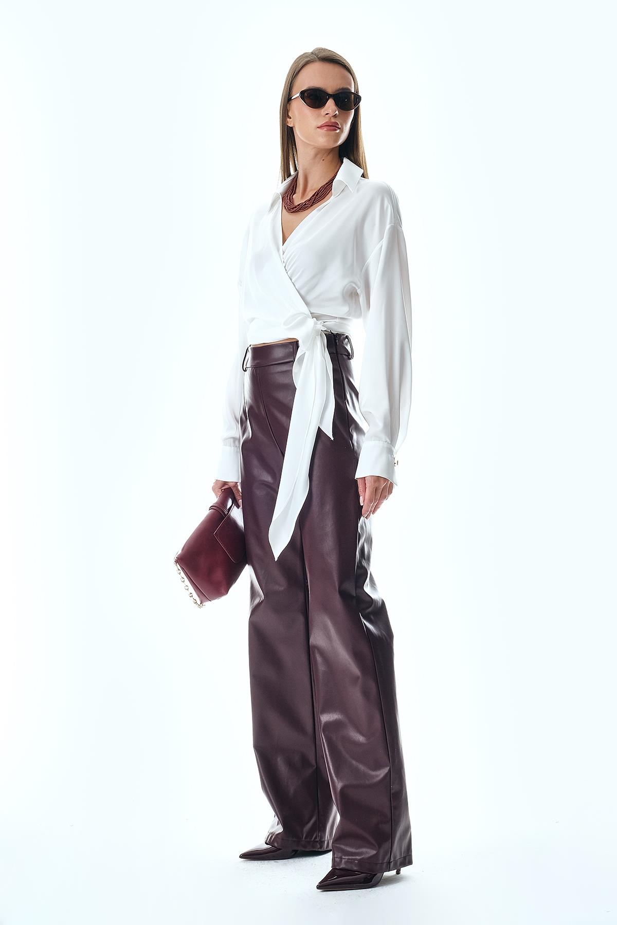 Deri Bol Paça Yüksek Bel Pantolon