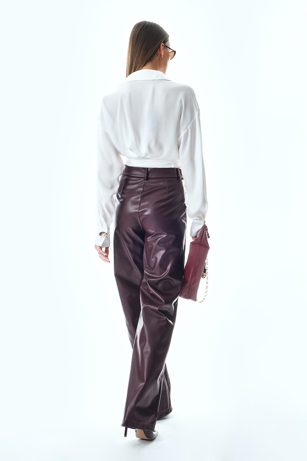 Deri Bol Paça Yüksek Bel Pantolon