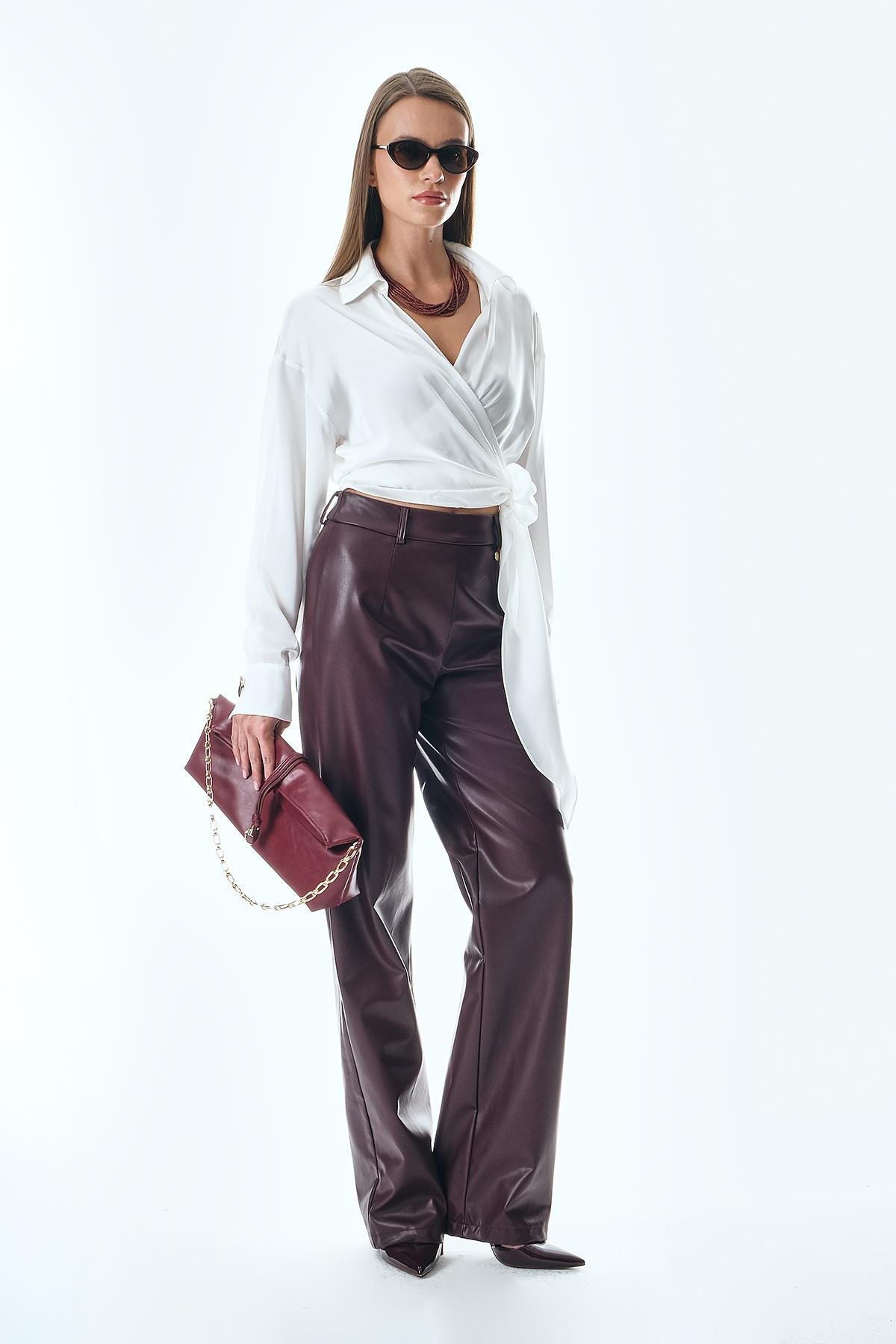 Deri Bol Paça Yüksek Bel Pantolon