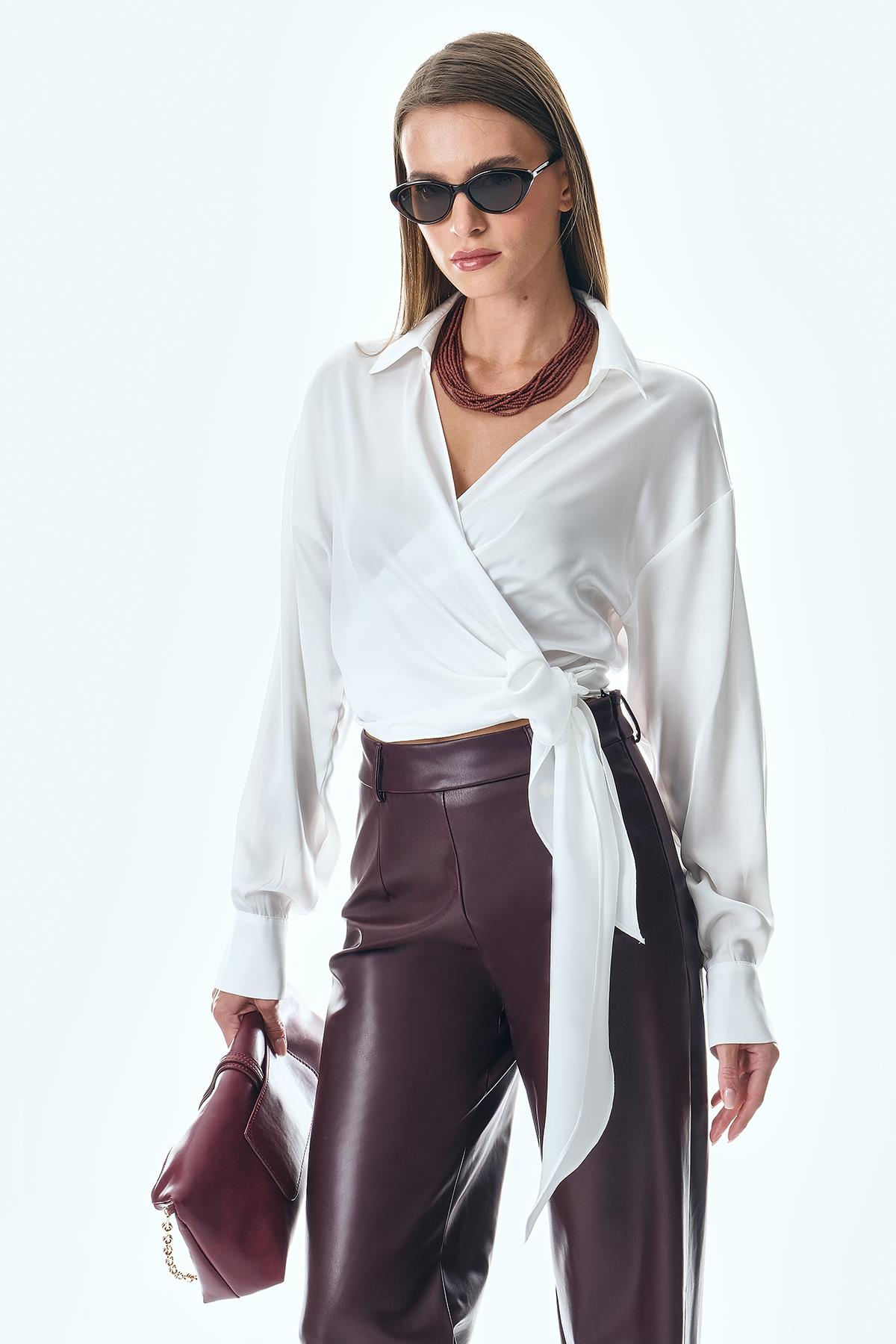 Deri Bol Paça Yüksek Bel Pantolon