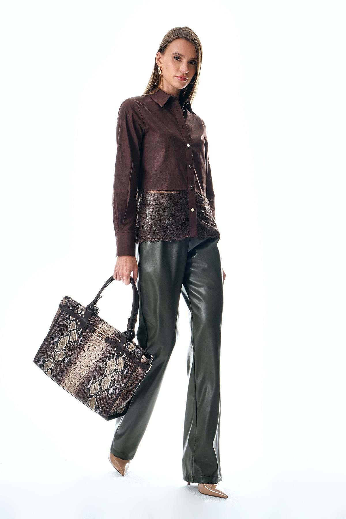 Deri Bol Paça Yüksek Bel Pantolon