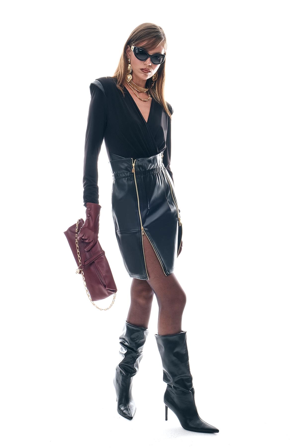 Deri Çift Fermuar Ve Beli Lastik Detaylı Etek