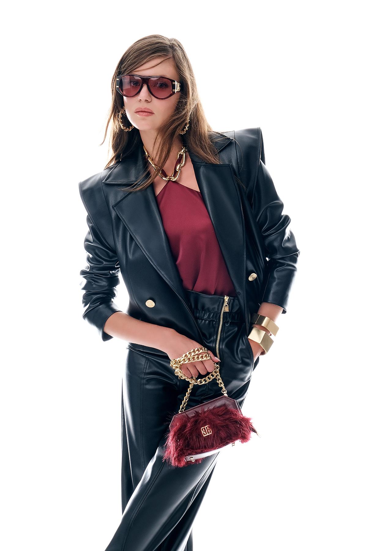 Deri Fermuar Detaylı Beli Lastikli Pantolon