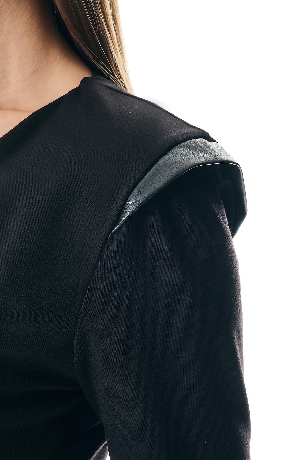 Deri Garnili V Yaka Anvelop Etekli Midi Elbise