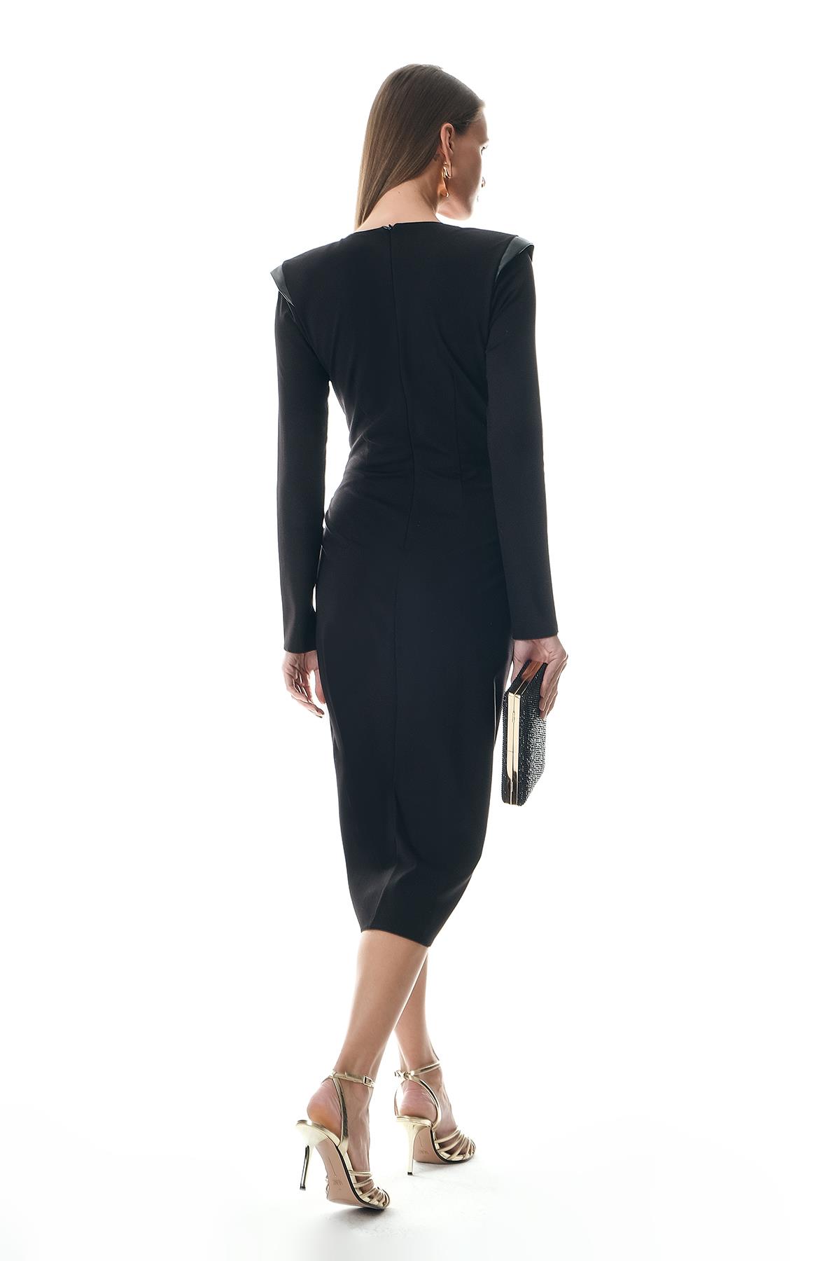 Deri Garnili V Yaka Anvelop Etekli Midi Elbise