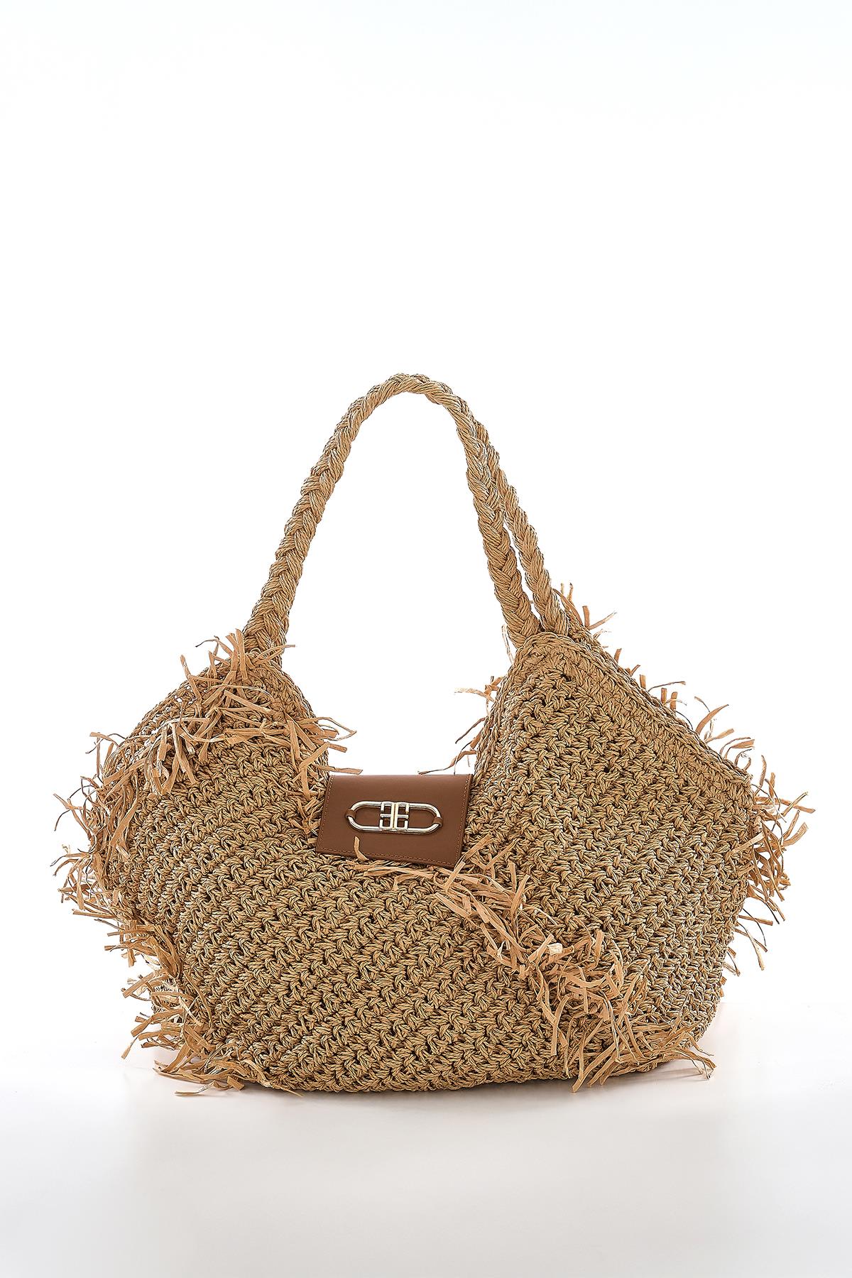 Deri Gold Metal  Aksesuarlı El Örgü Plaj Günlük Çanta.