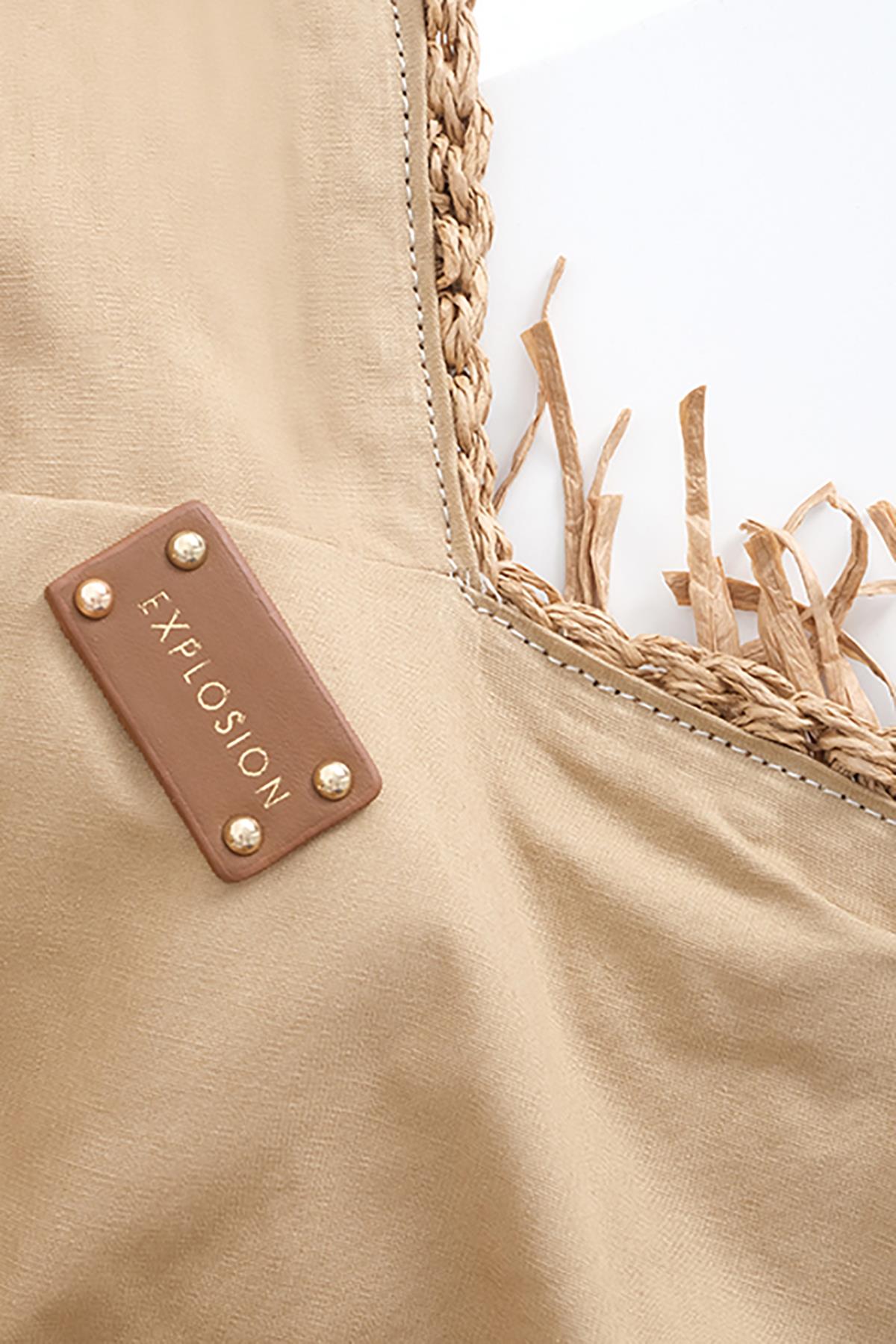 Deri Gold Metal  Aksesuarlı El Örgü Plaj Günlük Çanta.