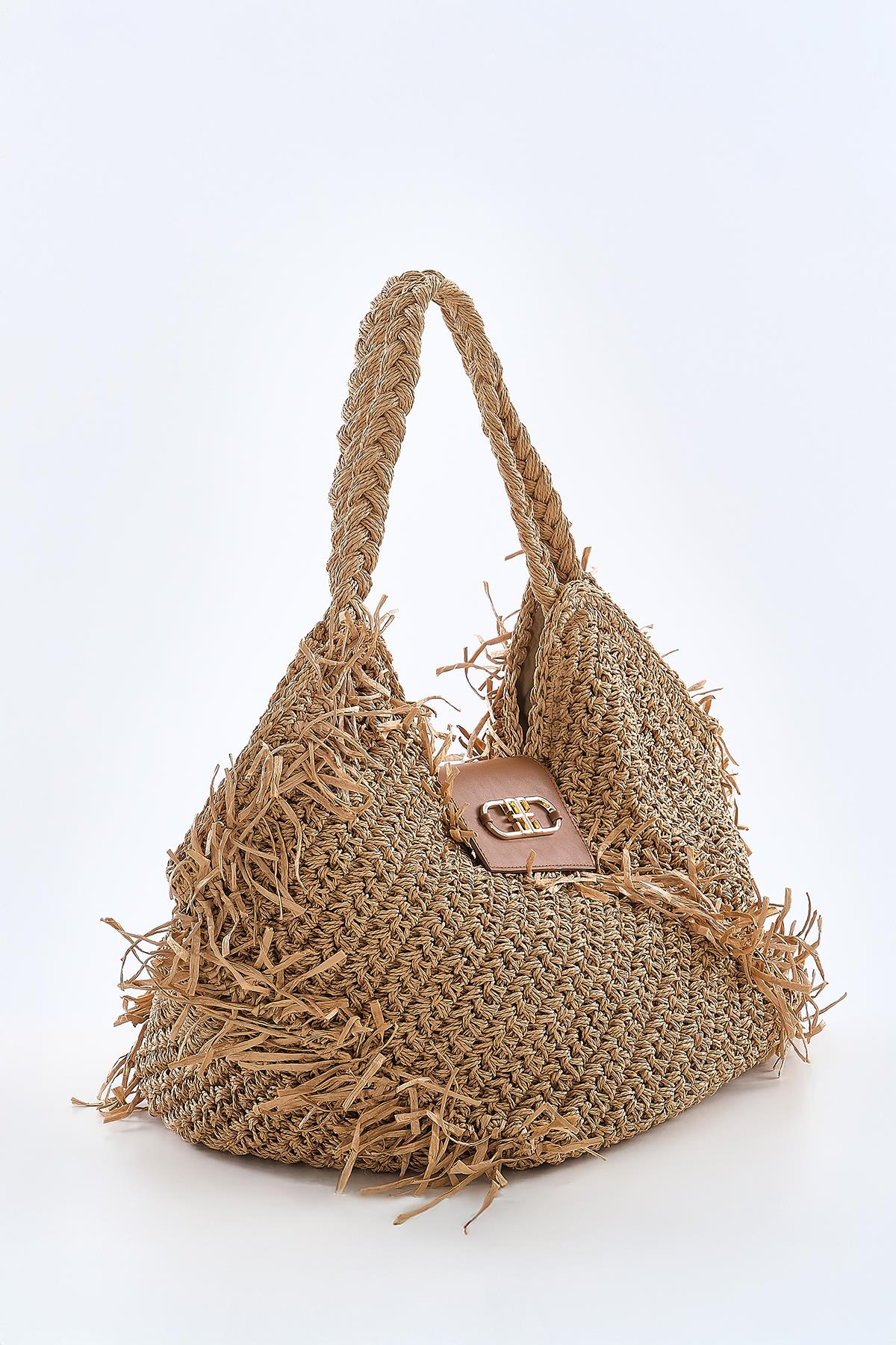 Deri Gold Metal  Aksesuarlı El Örgü Plaj Günlük Çanta.